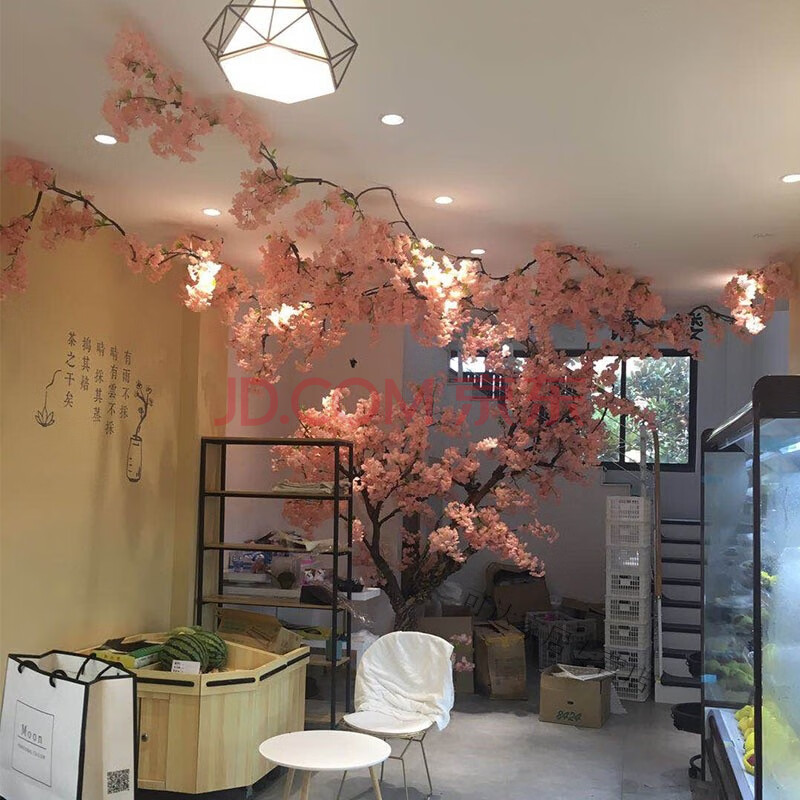 吊顶装饰绿叶仿真樱花树假玫瑰花紫藤网背景墙婚庆室内遮丑花藤 樱花