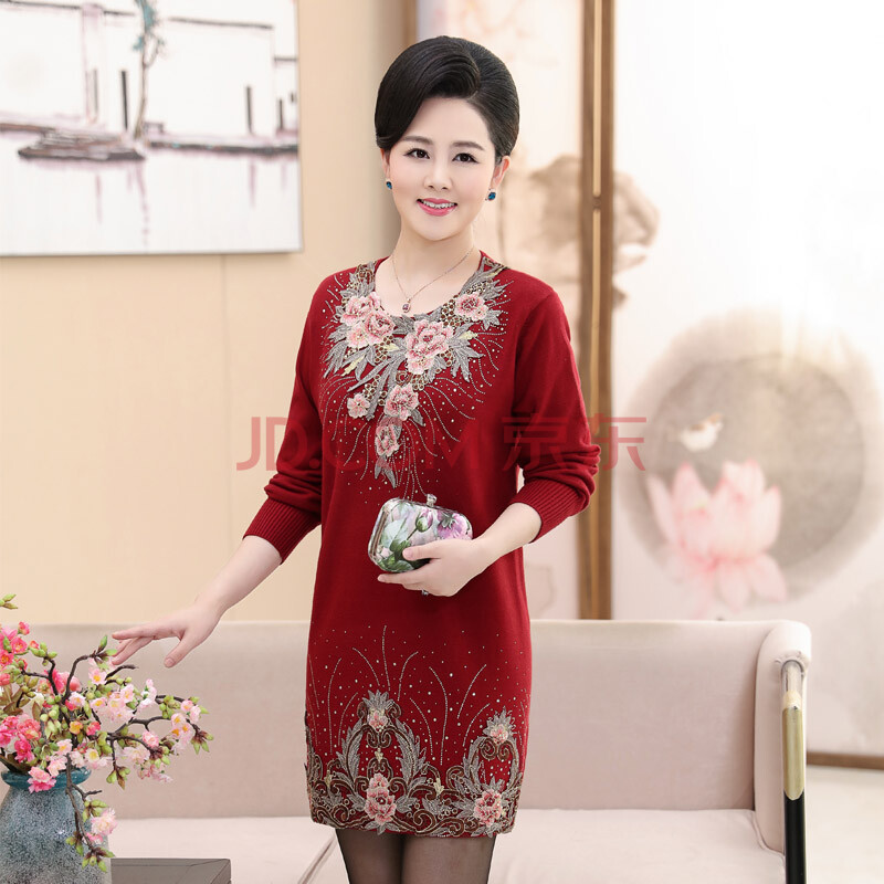 婆婆装婚礼服秋冬季 胖妈妈秋冬装喜婆婆婚宴加肥加大码红色结婚礼服