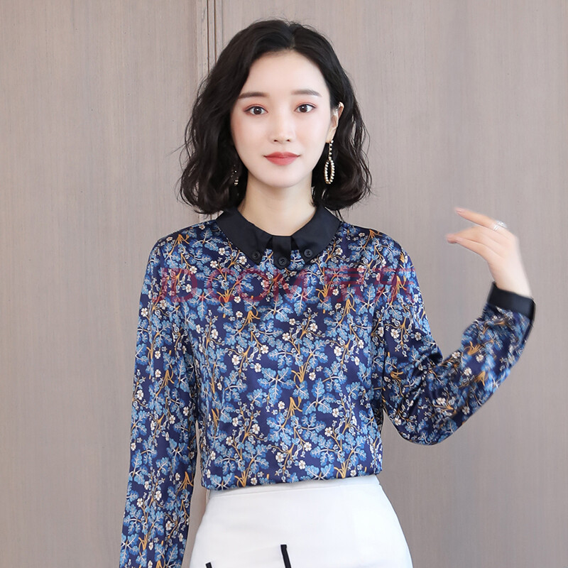 真丝衬衫女长袖2019春秋新款打底衫宽松碎印花洋气小衫桑蚕丝上衣 深