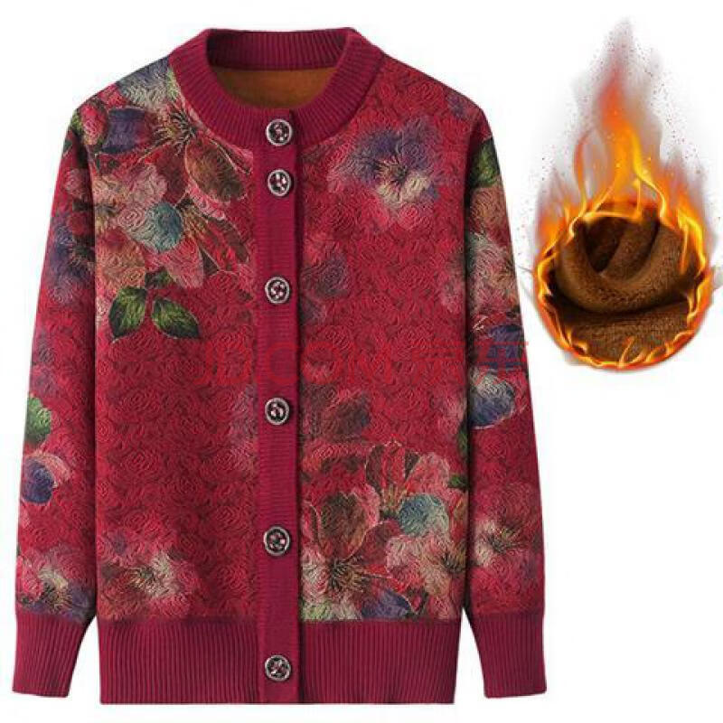 人冬装女60-70岁加绒加厚毛衣开衫奶奶秋装针织外套老人衣服 红大花