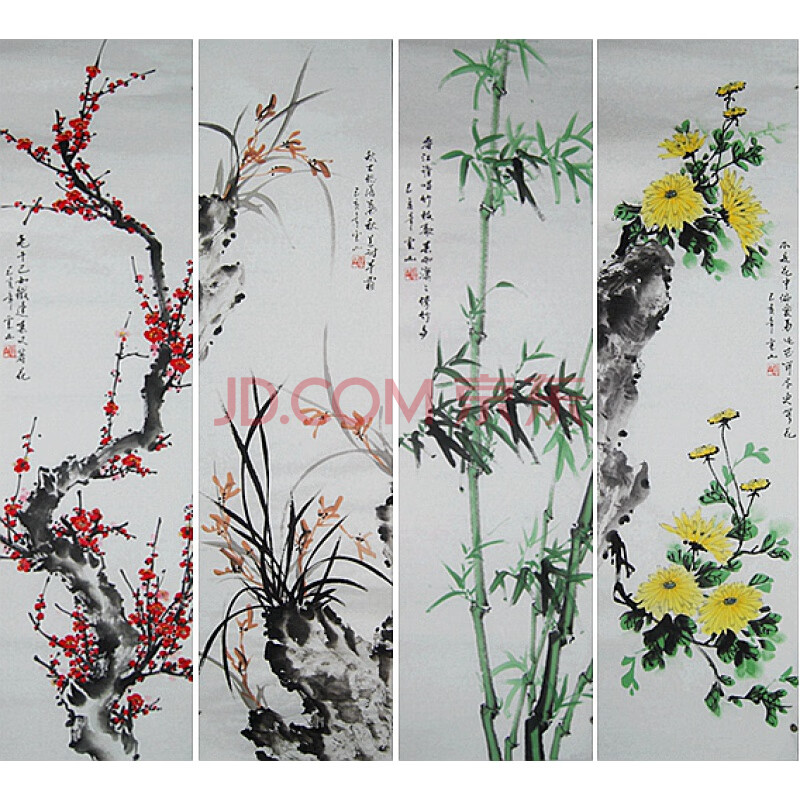 纯手绘四条屏花鸟套画梅兰竹菊国画开业字画书画客厅装饰画促销价