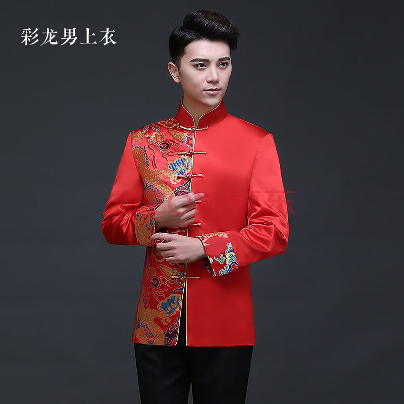 秀禾服新郎中式结婚敬酒礼服古装红色男装刺绣中国风马褂唐装2020 彩