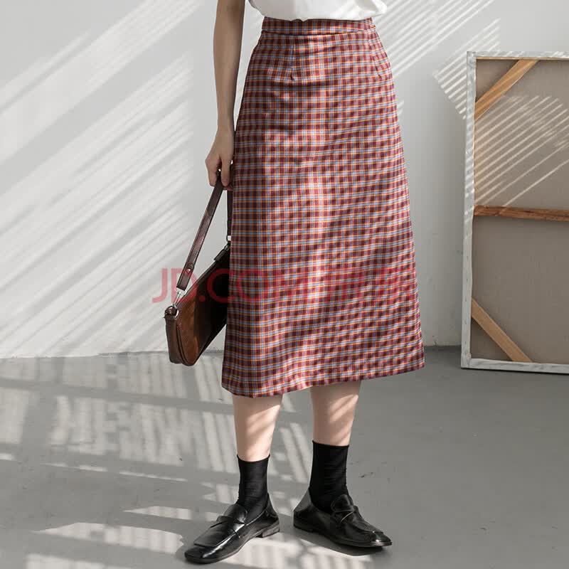 eggka格子半身裙女春秋2020年新款中长款复古包臀裙高腰开叉裙子 紫红