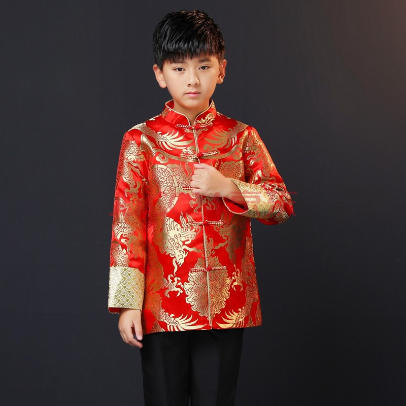 儿童唐装男童套装加厚加绒冬季中大童男童唐装年服套装新年装中国风