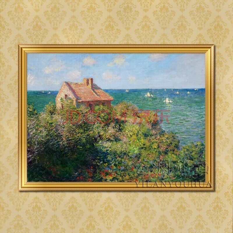 艺澜手绘油画海域海岛上瓦朗日维尔渔家小屋莫奈印象派风景临摹定制