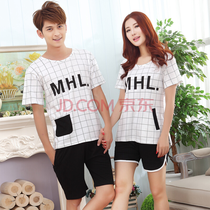 泊舒美bosomy 新款情侣睡衣女夏棉质短袖套装男女款字母家居服 格子
