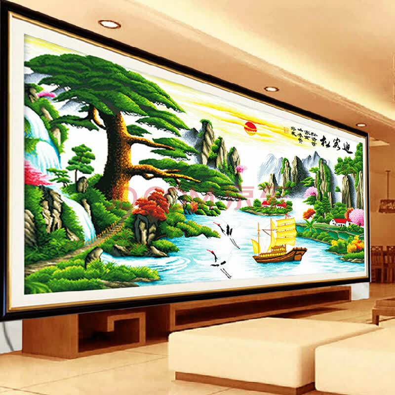 迎客松流水生财财运版3d精准印花十字绣新款5d客厅卧室热销新款棉线