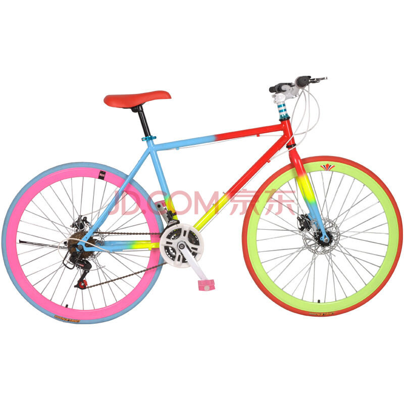 前进adelante 男女款26寸双碟刹 死飞车变速自行车 1号彩虹色