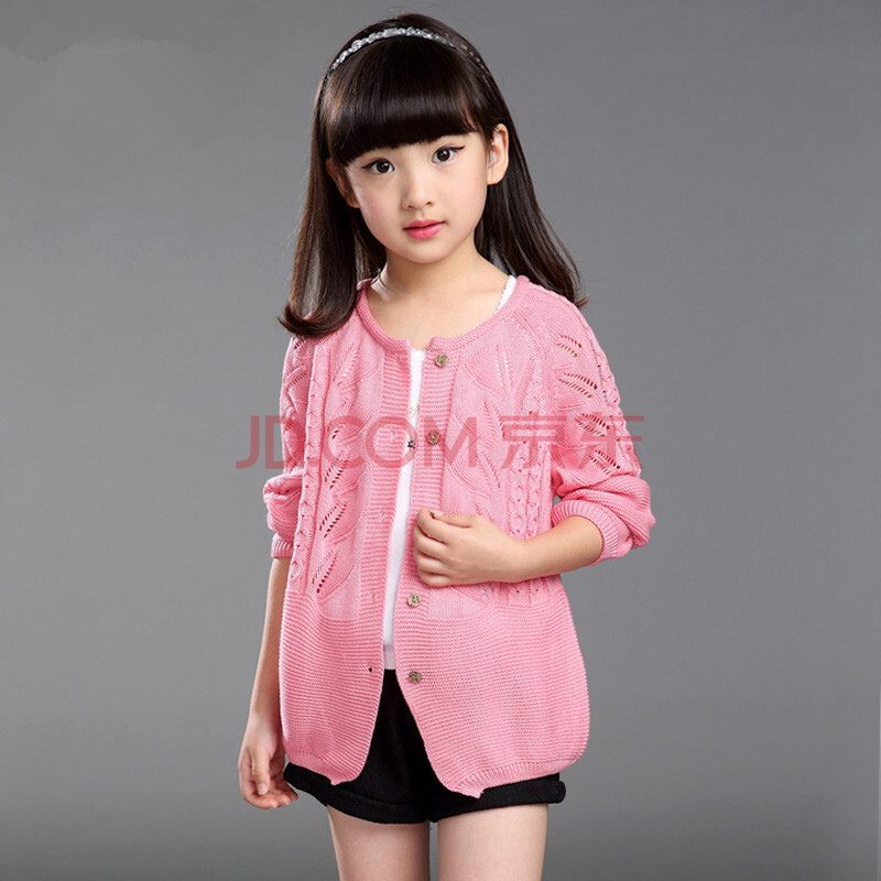 2015女童秋款 韩版镂空儿童针织开衫童装 粉红色 160(建议身高145-155