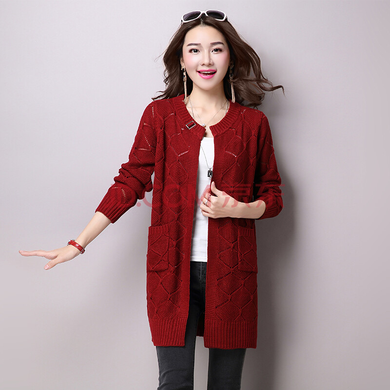 雪夕2016春装新款女装 宽松长袖镂空针织衫开衫 女中长款外套 158 酒