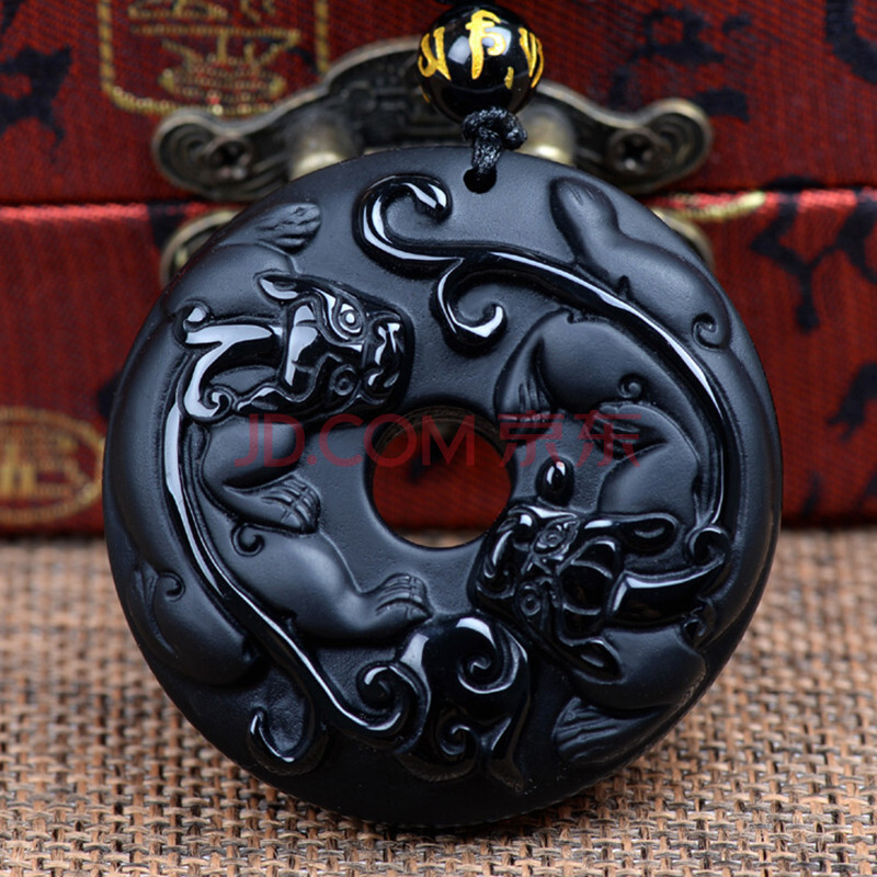 绿钰彩宝 黑曜石双貔貅吊坠 平安扣情侣款 大号普通绳