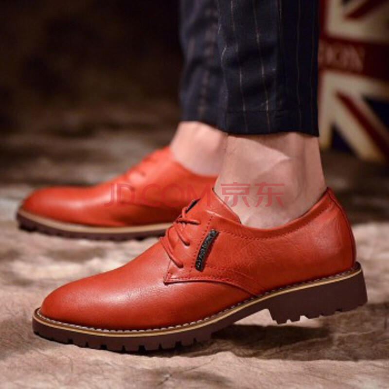 男商务皮鞋英伦风休闲皮鞋男鞋子韩版系带时尚青春潮流尖头男 红色