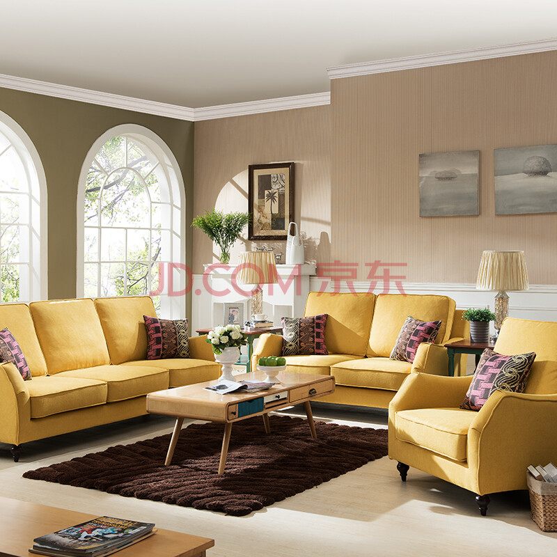 预售圣蒂斯堡美式乡村沙发实木 客厅简约田园小户型双三布艺沙发 黄色