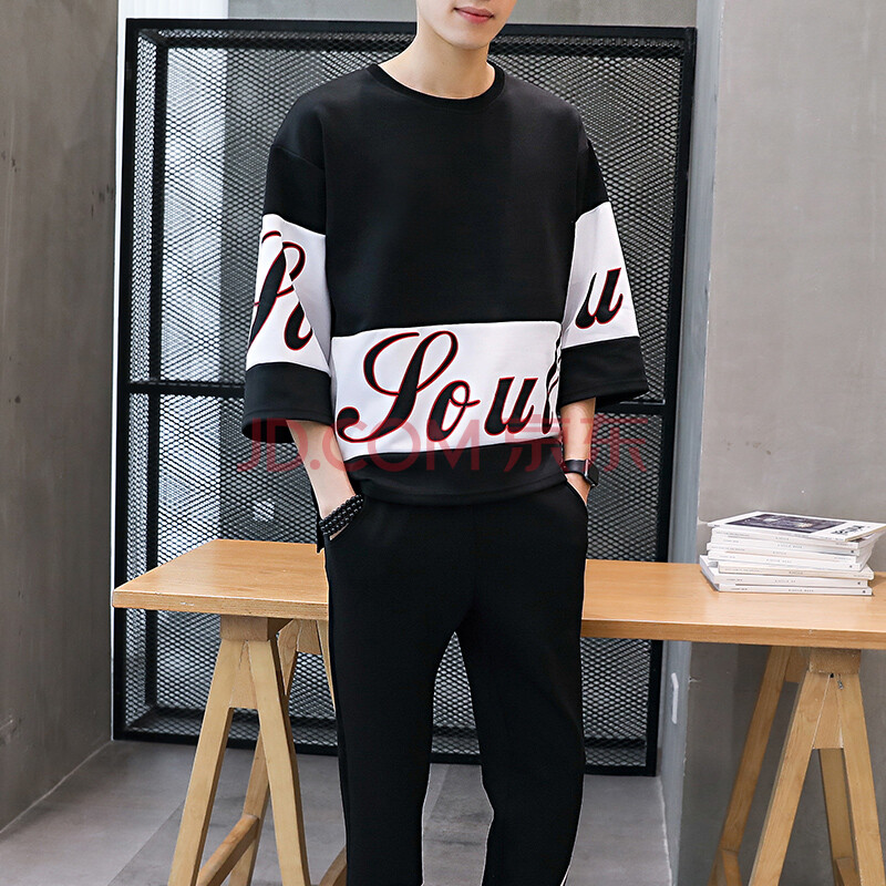 套装夏季男生休闲衣服搭配九分裤一套装韩版潮流七分短袖t恤个性帅气