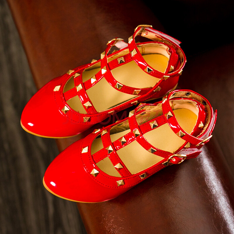 2016夏季新款公主鞋时尚铆钉罗马鞋平底单鞋 红色 31码/内长18.5cm