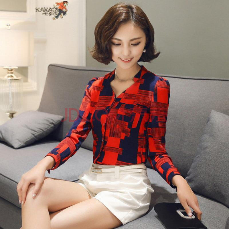 卡卡西女装新款修身百搭半开领长袖印花雪纺衬衫 图片色 xxl