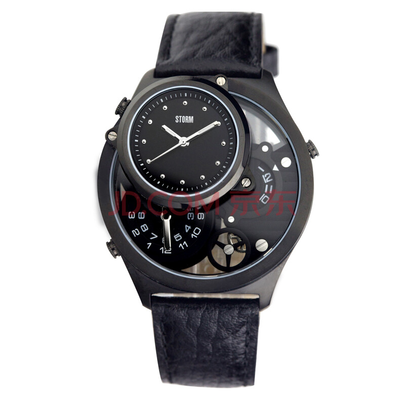英伦风暴(storm)手表 限量系列男表黑盘黑色皮革表带双时区石英表