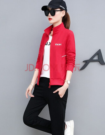 新品女装长裤休闲裤女大码女装t恤女中年妈妈装运动套装女 7303#红色