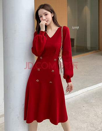 欧婉欣连衣裙秋冬2020新款韩版收腰显瘦法式气质红色针织打底裙v领中