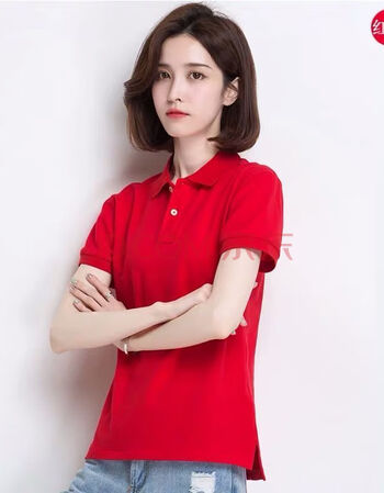 女士薄款短袖t恤日常休闲纯色翻领修身polo衫大码女装上衣乐迪纯 红色