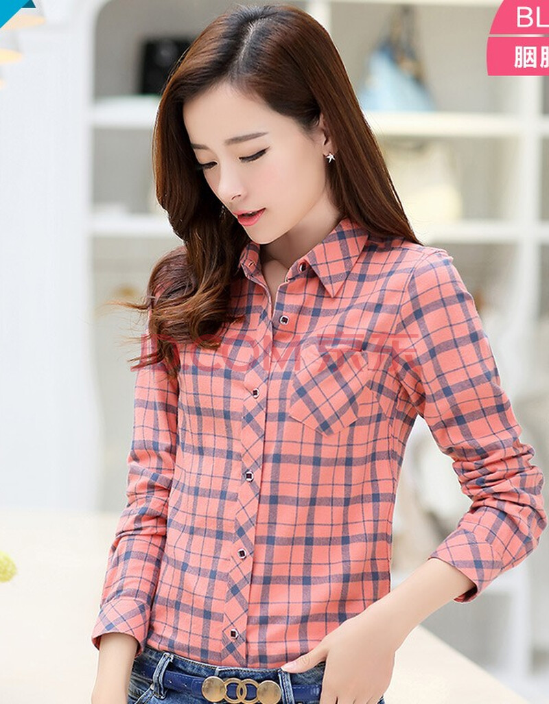 柏莉鸟春季新品女士纯棉格子长袖衬衫时尚休闲全棉法兰绒磨毛格子衬衣
