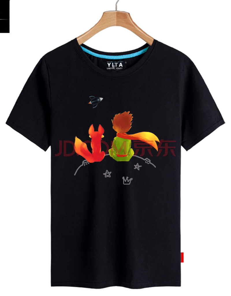 nasa联名小王子狐狸卡通文艺电影周边短袖t恤衫男女半袖纯棉衣服 黑色