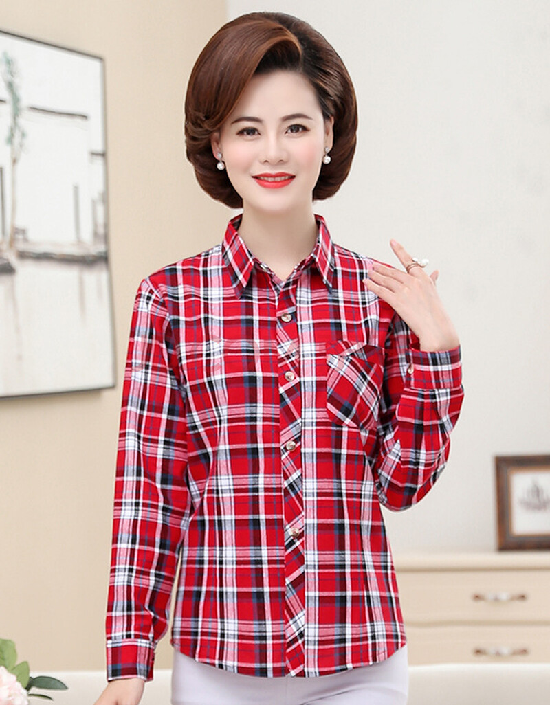 棉格子衬衫女春秋磨毛衬衣中老年全棉衬衫女妈妈装棉格子长袖开衫春秋