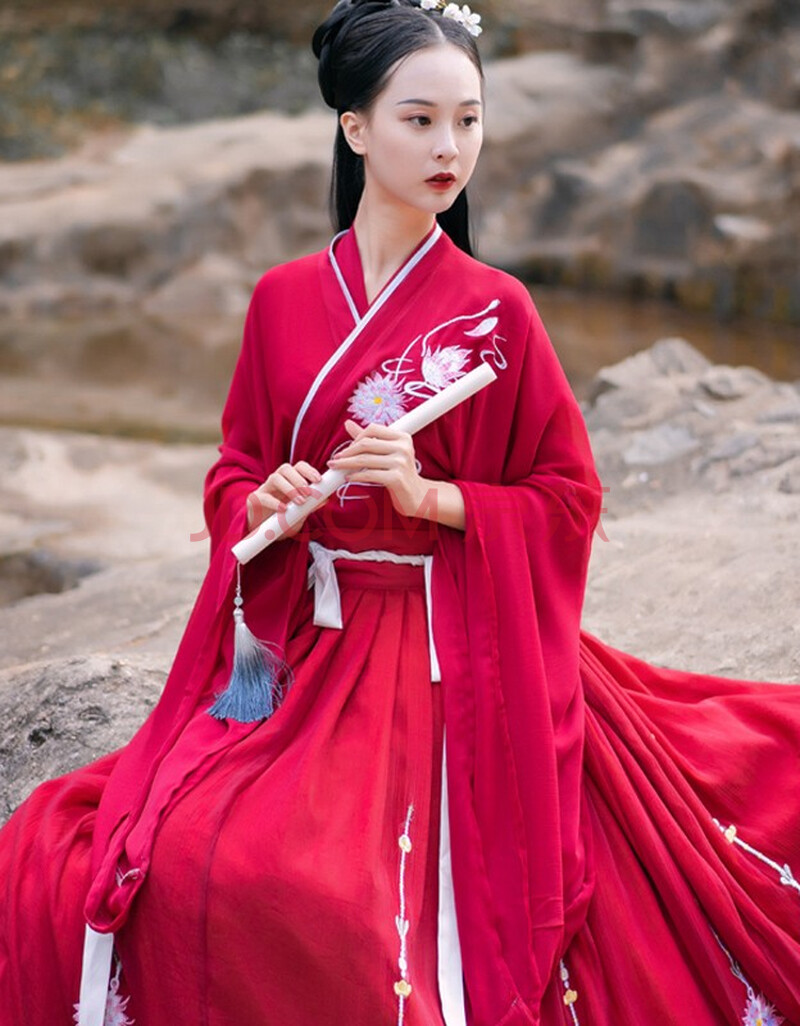 魏晋风套装传统日常古装学生演出服 昙花朝露红色6米(上衣 中衣 裙子)