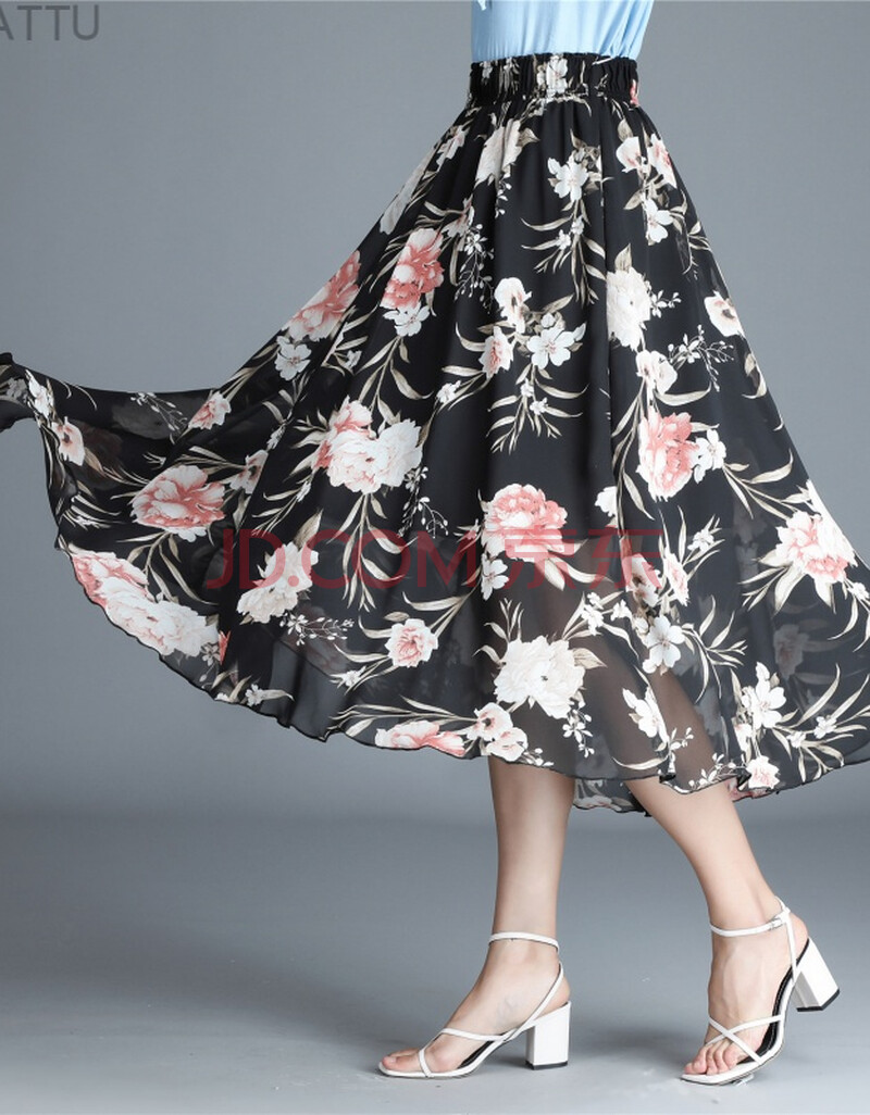 ovmattu品牌欧麦图雪纺半身裙碎花长裙春夏女2020新款高腰a字裙印花大