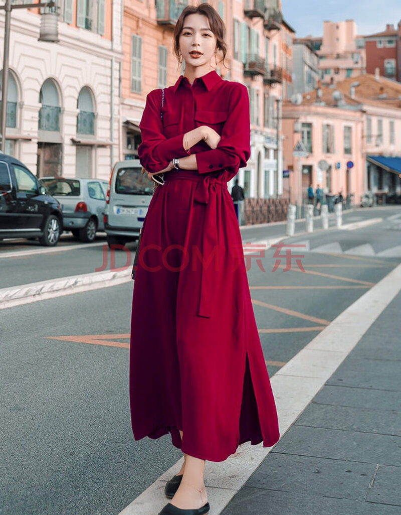 长袖连衣裙女春秋长款过膝长脚踝裙子收腰气质显瘦雪纺红色秋装 暗