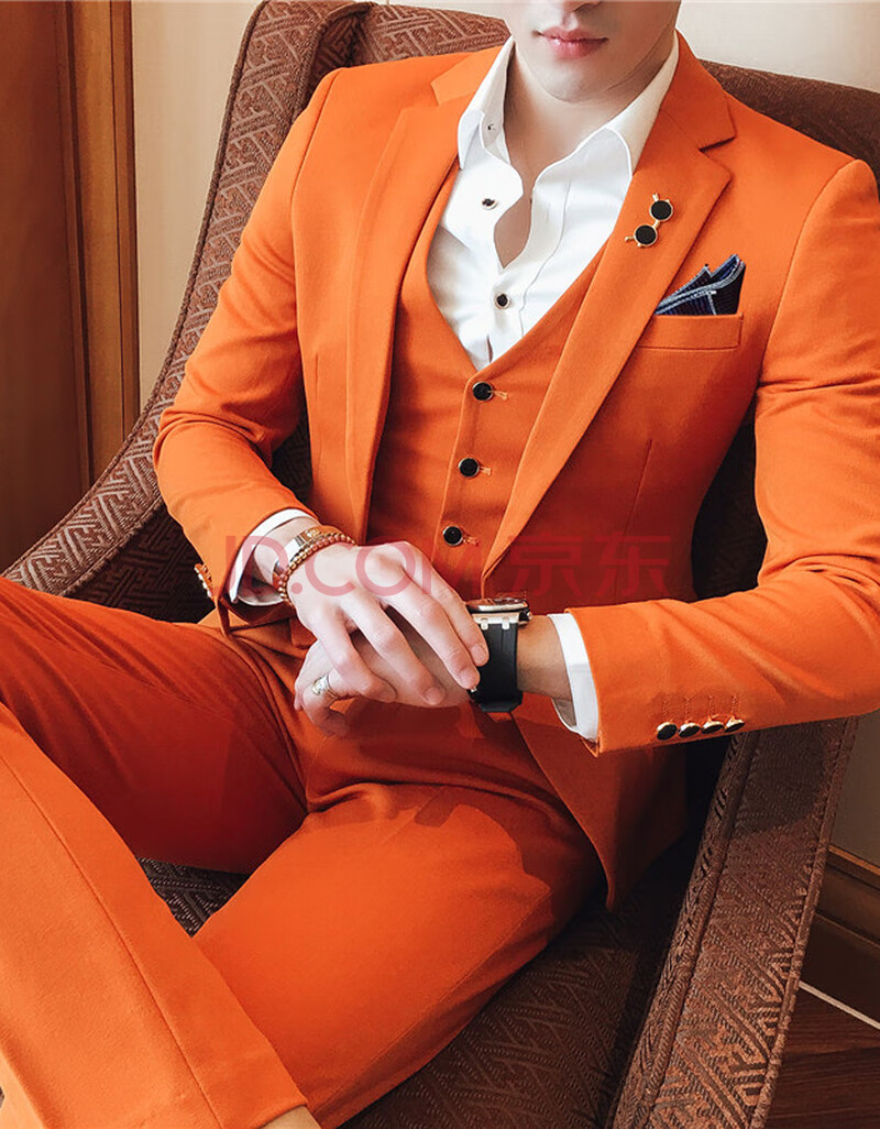 莱诗伯特韩风单扣橙色修身主持人西服套装免烫新郎结婚大码4xl西装