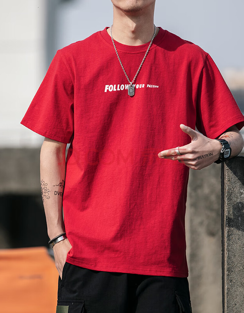 短袖t恤男纯棉潮牌潮流英文字母印花半袖青年体恤透气打底衫tee 红色