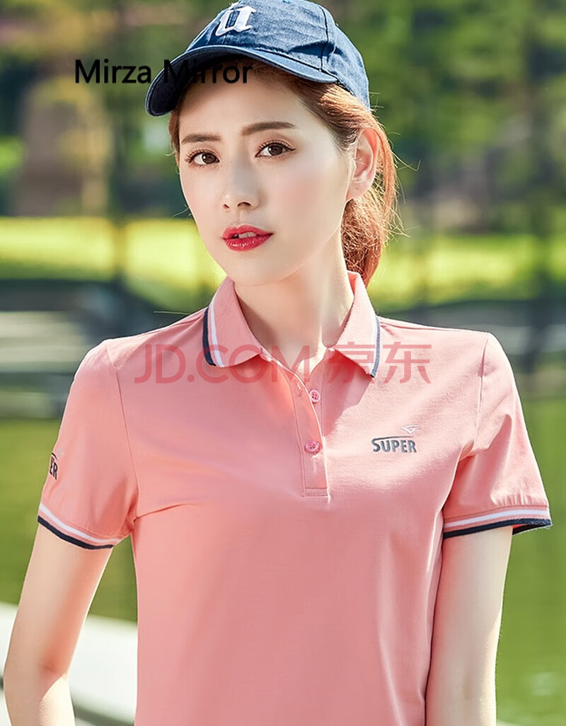 mirza mirror纯棉翻领短袖女2020新款夏季女装带领t恤宽松大码女士