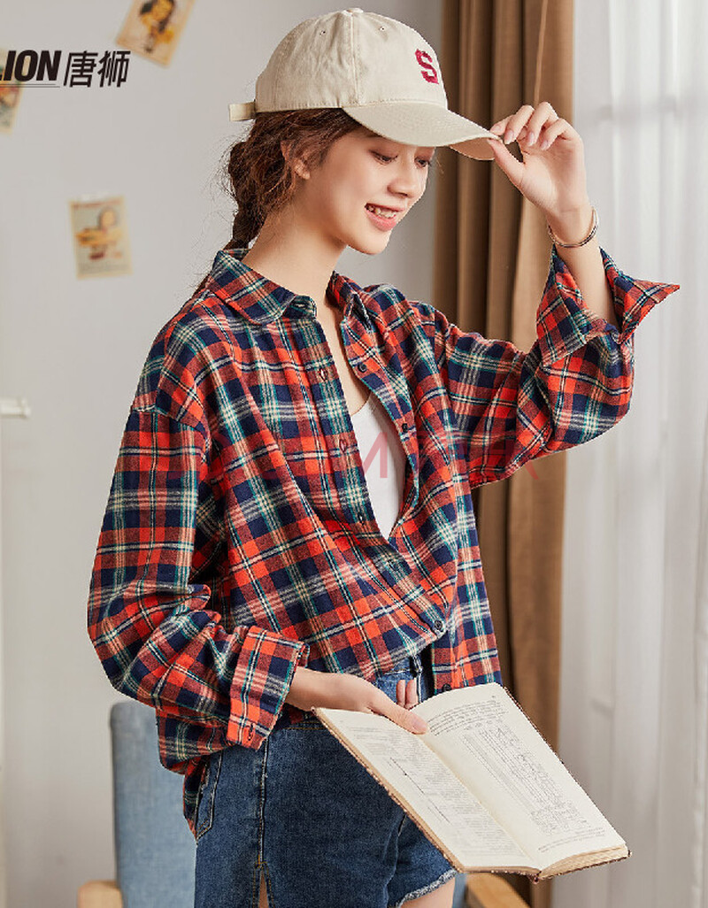 唐狮tonlion 女士衬衫女格子长袖衬衫女上衣女衬衣格子衬衫宽松休闲