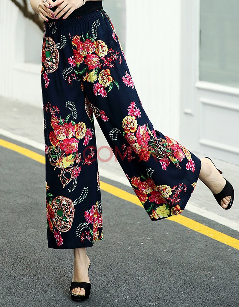 民族风中老年阔腿裤女夏妈妈装裙裤薄款花裤大脚裤喇叭裤甩裤 28号 xl