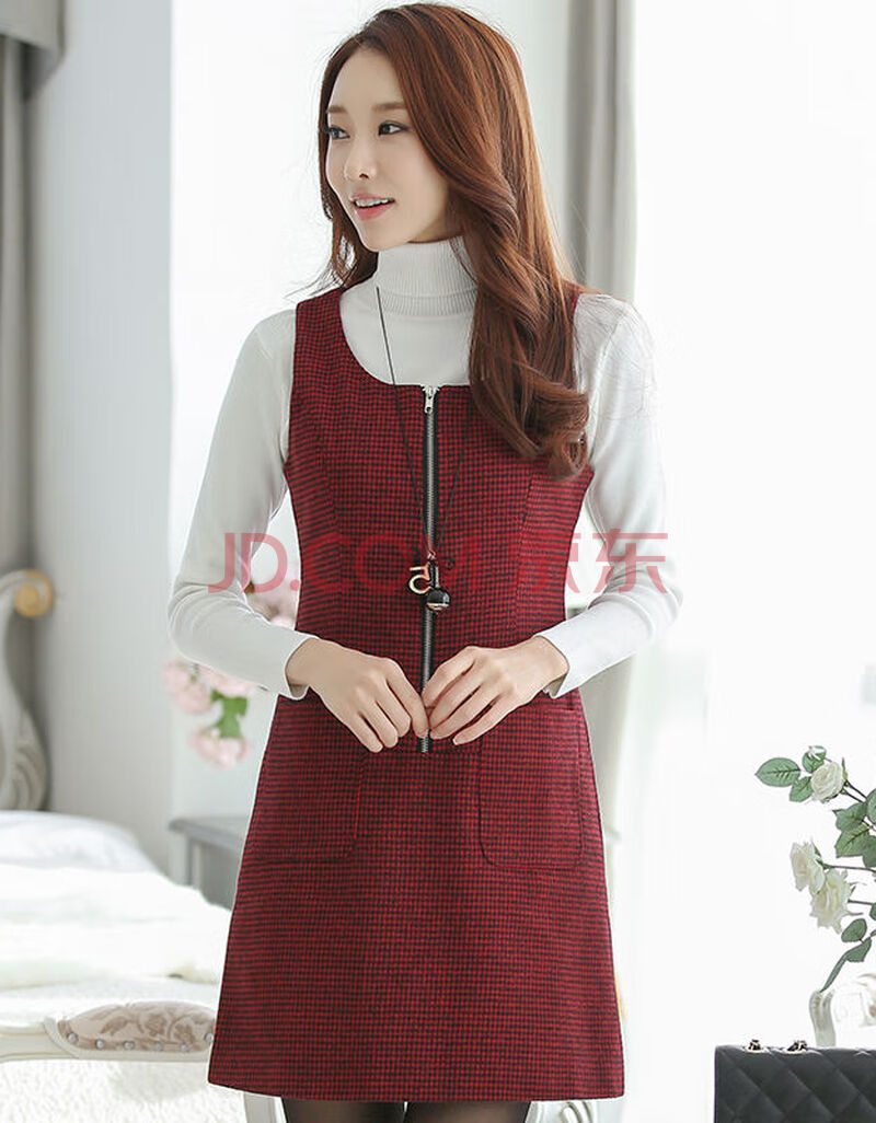 双层有里布加厚千鸟格毛呢马甲裙背心裙女无袖秋冬大码打底连衣裙