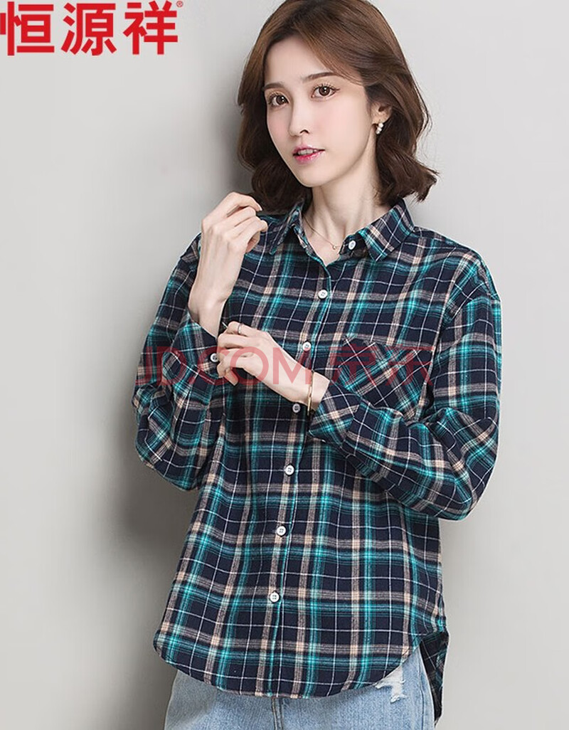 恒源祥格子衬衫女长袖外穿宽松2020秋款短款上衣复古港味衬衣 藏蓝 m