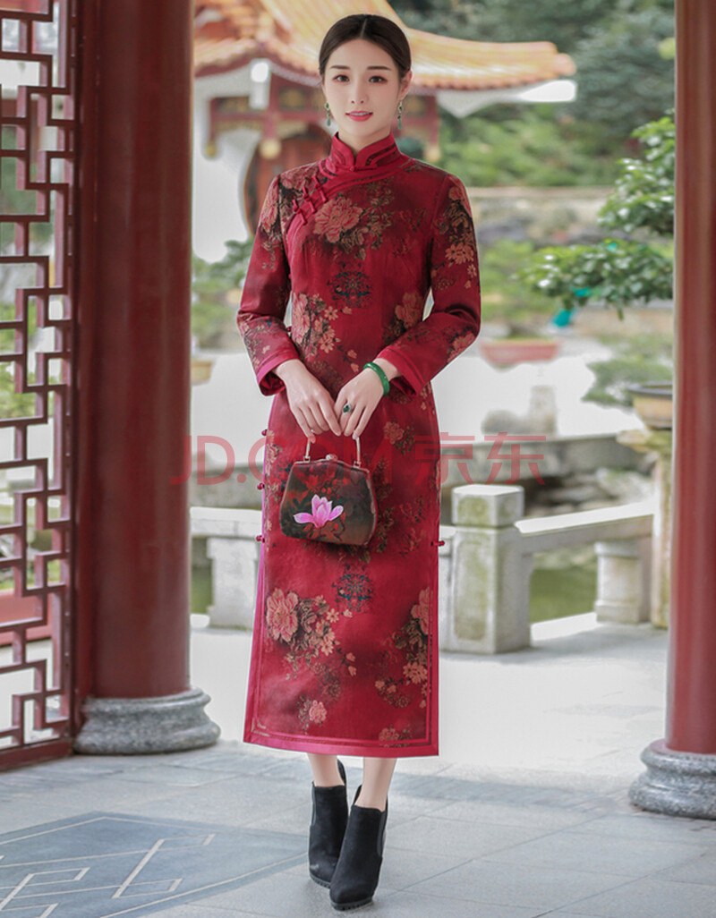 华族经典花罗香云纱秋冬季旗袍连衣裙夹棉加厚显瘦长袖长款优雅女