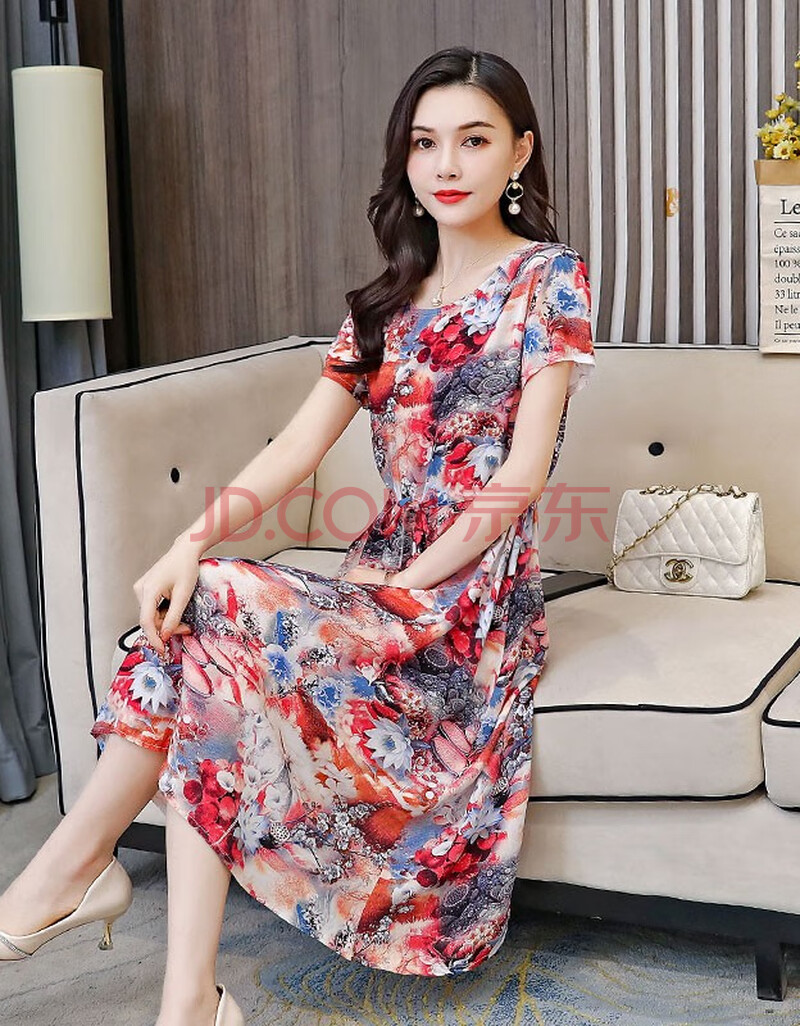 中年妈妈棉绸短袖连衣裙过膝裙子中老年夏季人造棉碎花长裙 24号 2xl