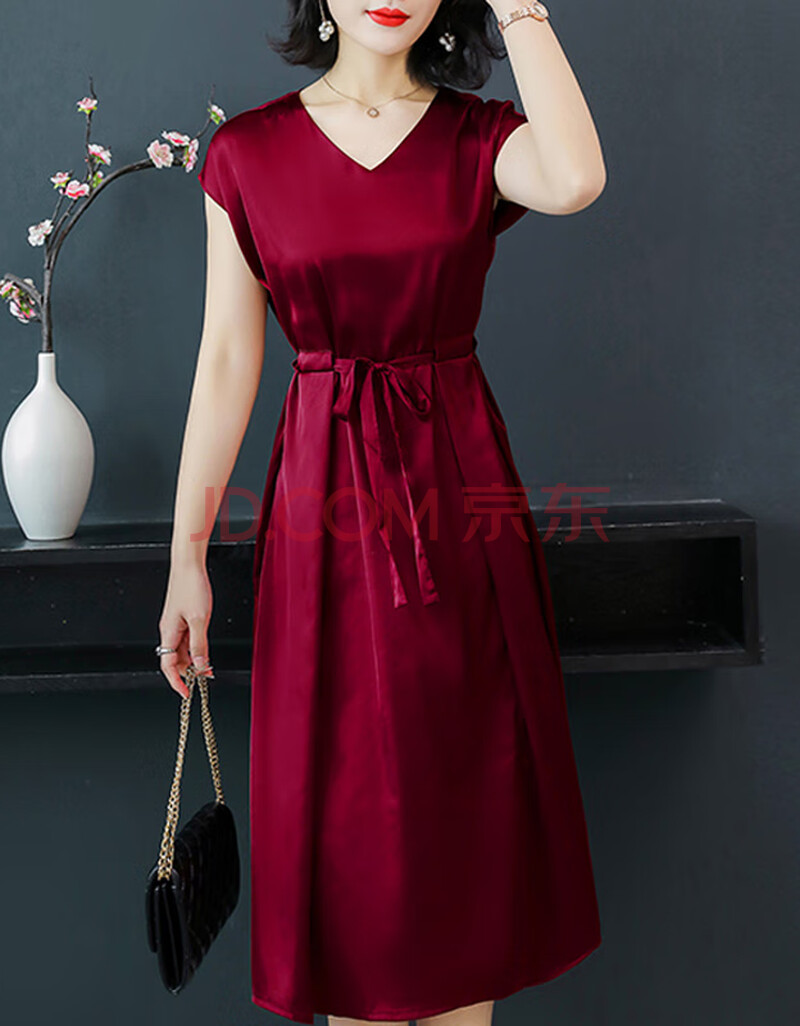 杭州真丝桑蚕丝连衣裙子新款阔太太年轻妈妈醋酸缎面飘逸 枣红色 4xl