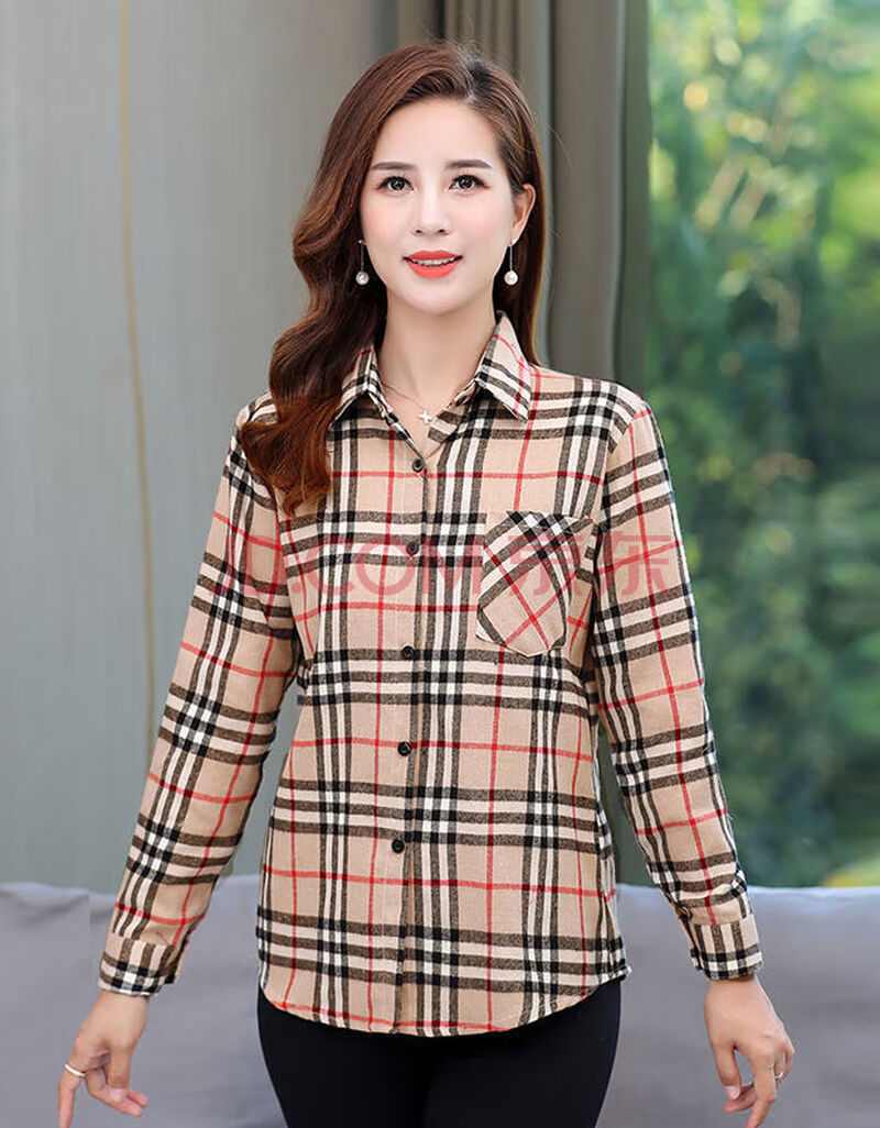 wsng 妈妈棉的衬衫中老年春秋装长袖格子衬衣女中年人薄款全棉女装