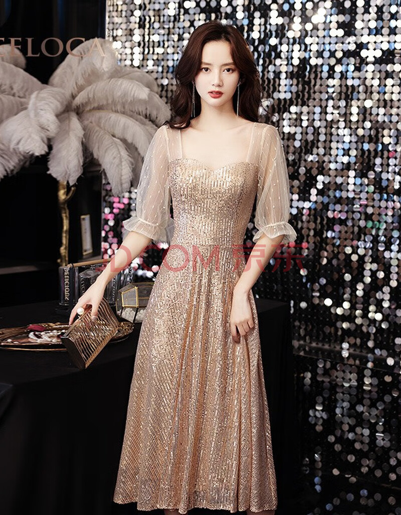 yeeloca品牌女装 时尚性感方领小个子晚礼服女2021新款宴会气质伴娘