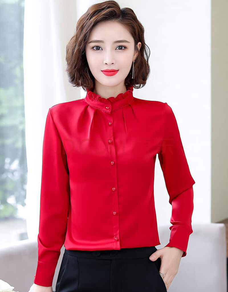 胖妹妹翻领长袖职业衬衣雪纺衬衫女特大码上衣200斤立领打底衬衫 红色