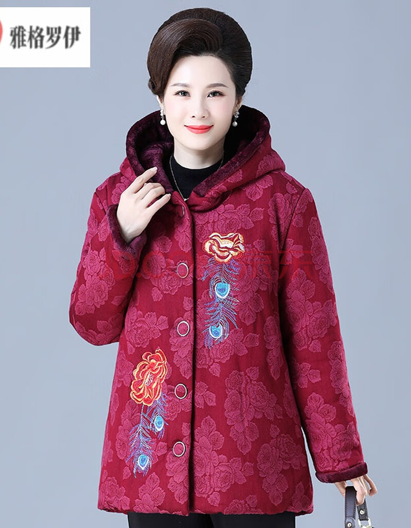 加肥加大特大号码200斤超胖妈妈冬装绣花加绒棉衣服中老年人外套 红色