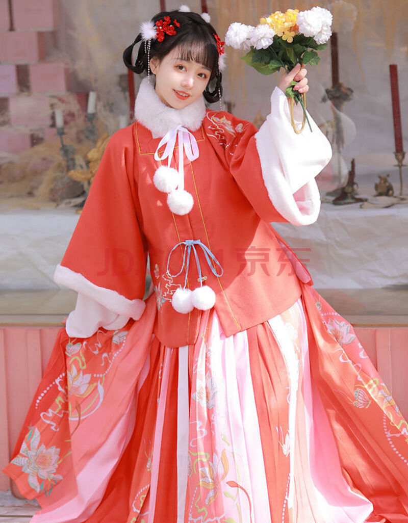 时慕语 明制汉服女冬季成人古装加厚加绒方领半袖披袄学生过年汉服 桔