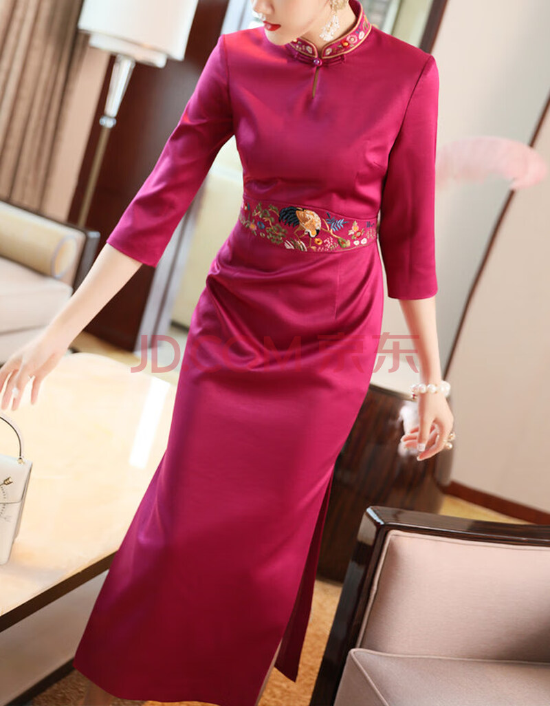 品质民族风旗袍中式长裙秋冬茶服民国复古修身礼服宴会改良唐装连衣裙