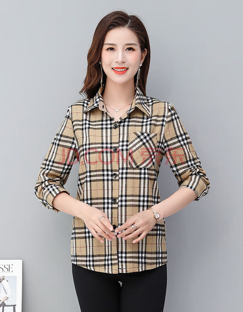 纯棉中老年女装春装衬衫长袖纯棉40岁50中年妇女妈妈穿的上衣格子衬衣