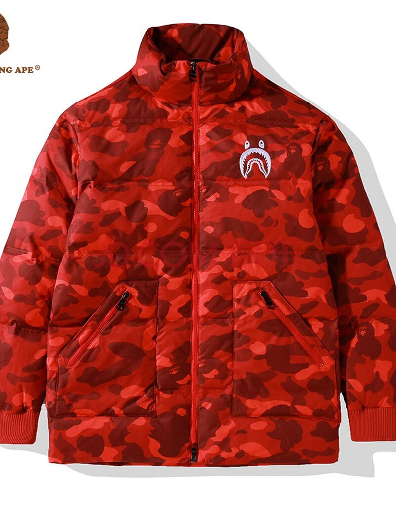 f0aape猿人头羽绒服男潮牌鲨鱼绣花迷彩秋冬外套短款情侣f0bape 红色