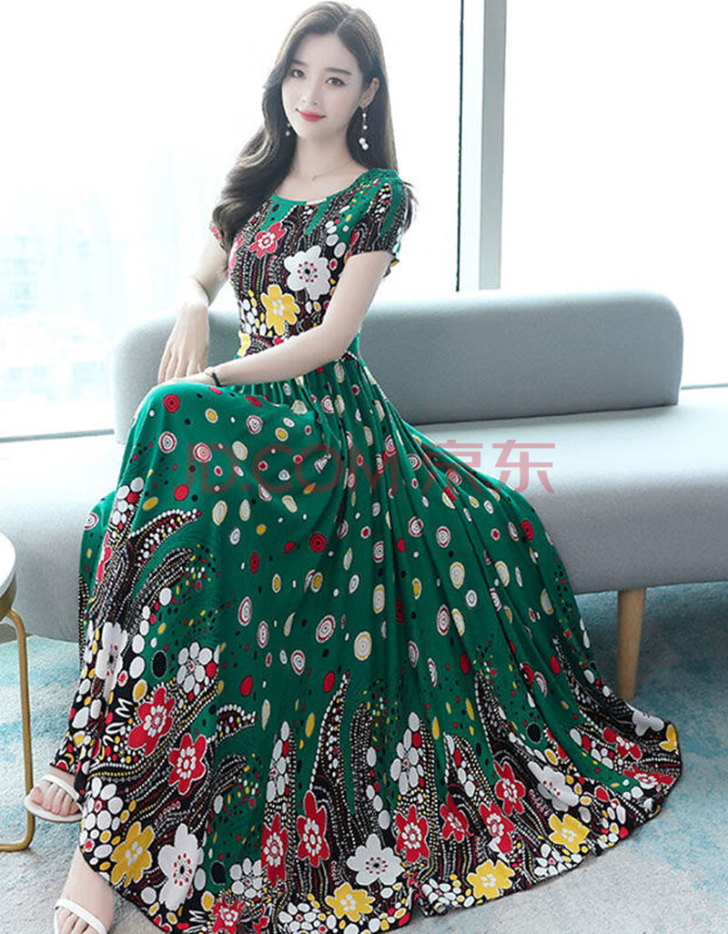 素博莱 绵绸印花连衣裙2020夏新款裙子修显瘦碎花大码长款连衣裙长裙
