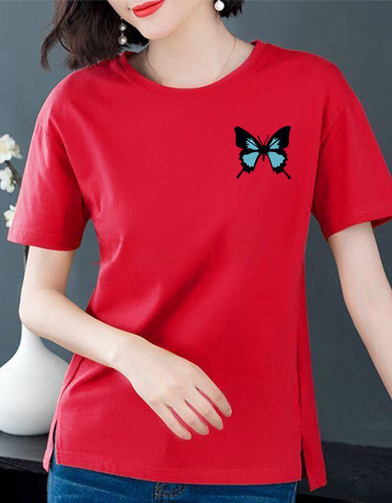 短袖t恤女夏季新款女装韩版宽松大码简约印花体恤百搭上衣潮 小蓝蝴蝶